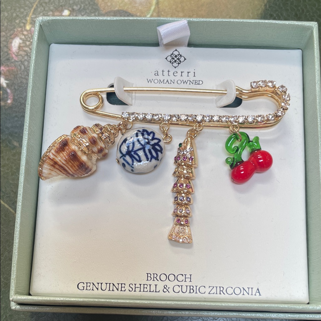 Gold Brooch With Shell Gold Fish And Cherry Charms 34$